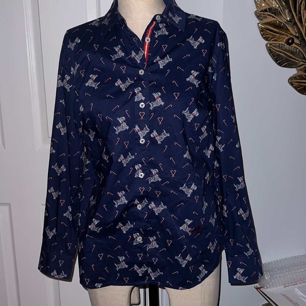 NWT TALBOTS CHRISTMAS SCOTTY DOG CANDY CANE HEARTS BLOUSE SMALL PETITE